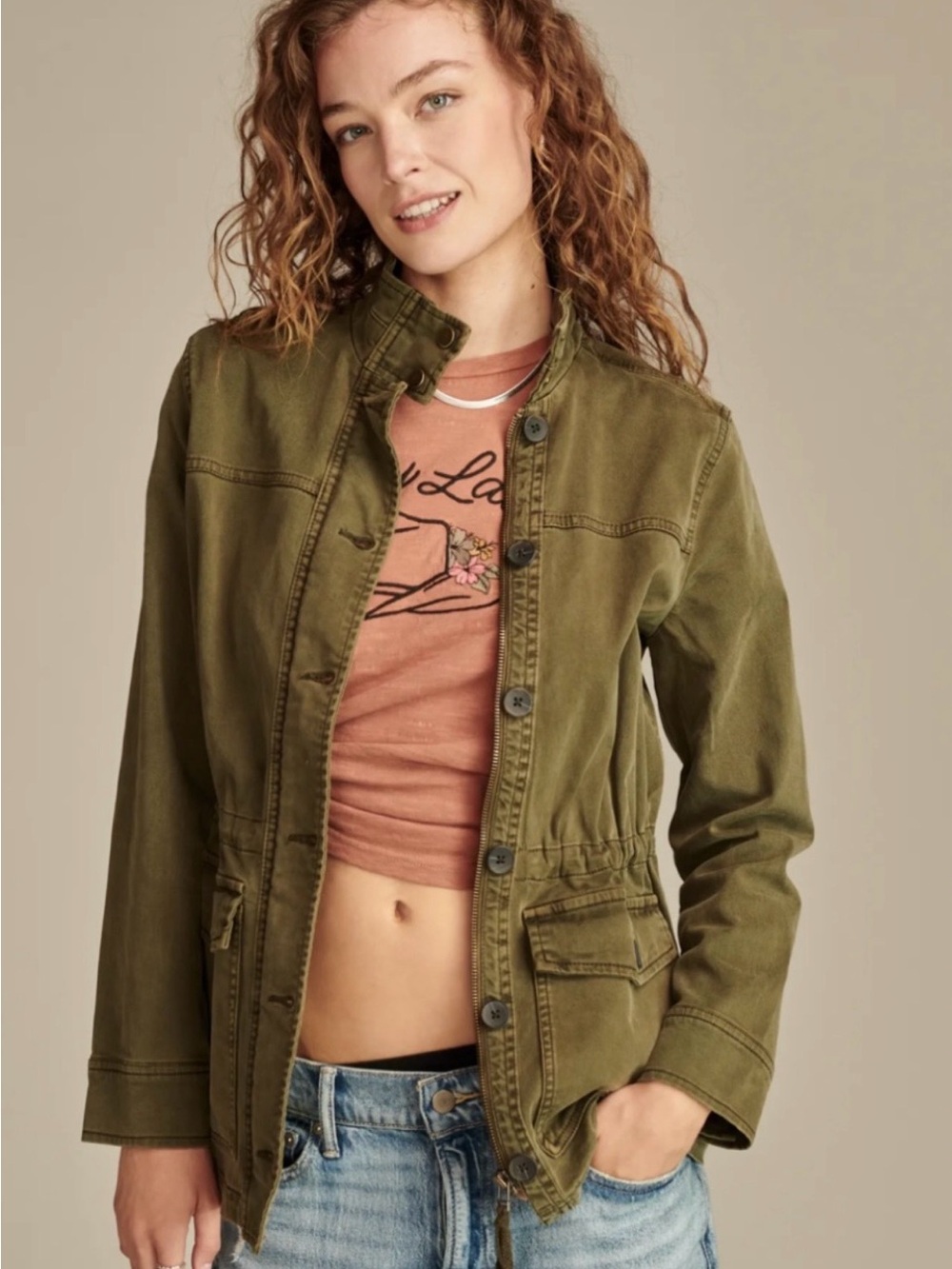 Lucky Brand Olive Utility Military Jacket Lyocell Cotton Women’s Size Sp